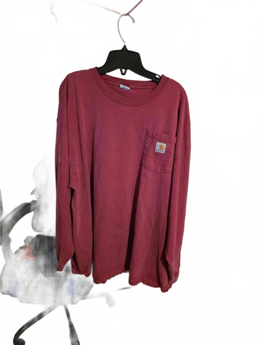 Vtg Carhartt Men's Long Sleeve Pocket Shirt - Burgundy Size 2XL